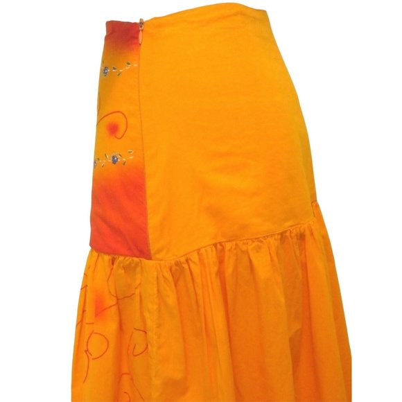 Madrid Hand Painted Drop Waist Skirt M Orange Gathered Knee Length Festival Mod - Picture 9 of 12